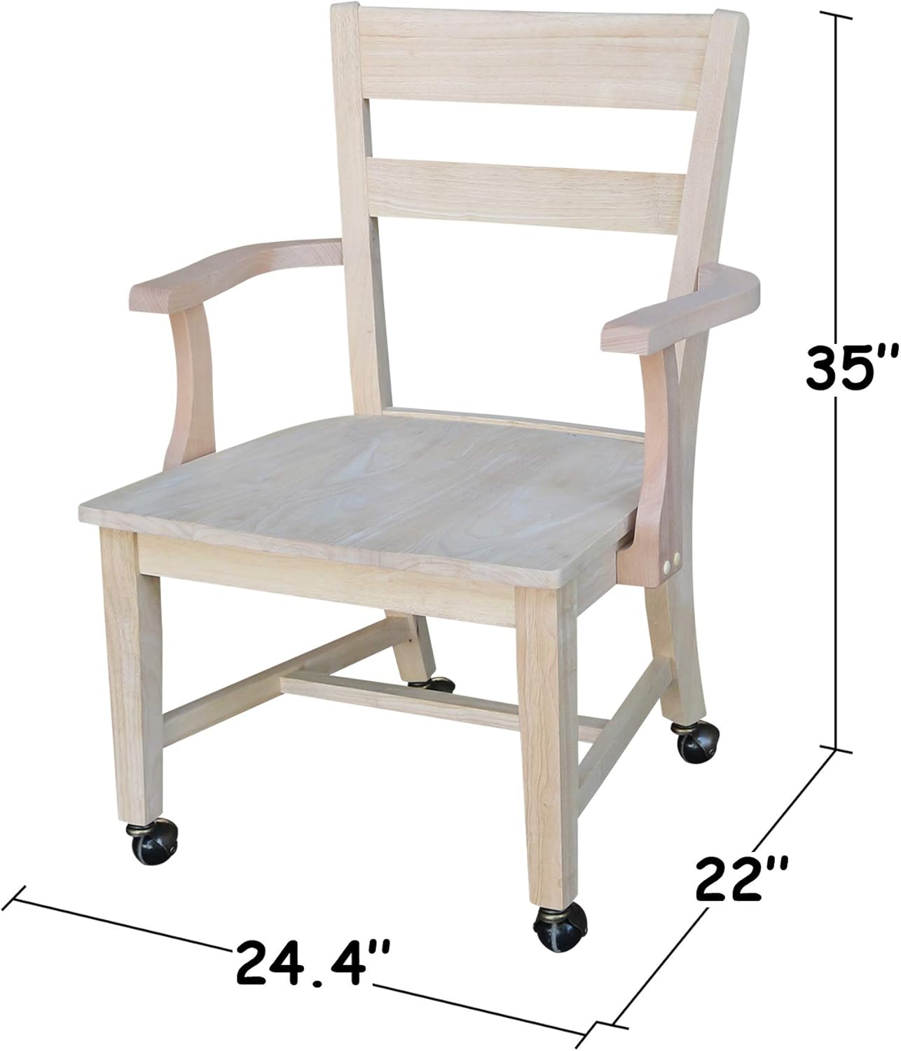 IC International Concepts Dining Chair with Casters, 225lbs wt Capacity, Solid Real Wood, Sturdy Parawood, 24.4"W x 22"D x 35"H, DIY, Paint/Stain Ready, Unfinished
