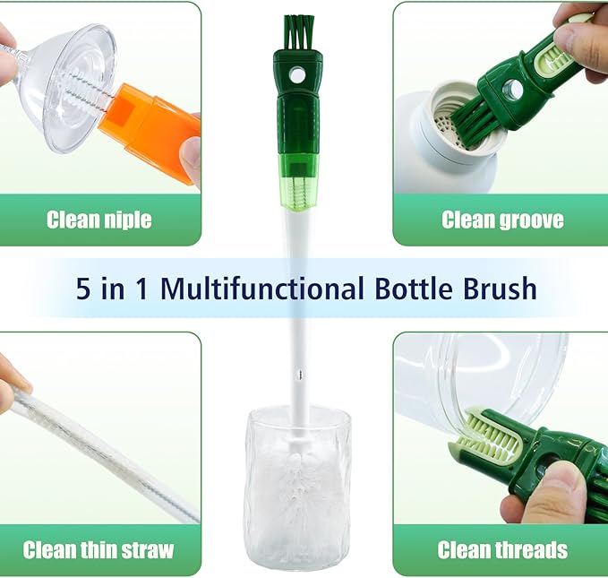 5-in-1 Bottle Brush Set(2Pcs Green & Orange), Long Handle Bottle Cleaning Brush Straw Brush Nipple Brush Hard-corner Brush for Sports Water Bottles Caps Mugs Glasswares Tumblers Wine Decanters
