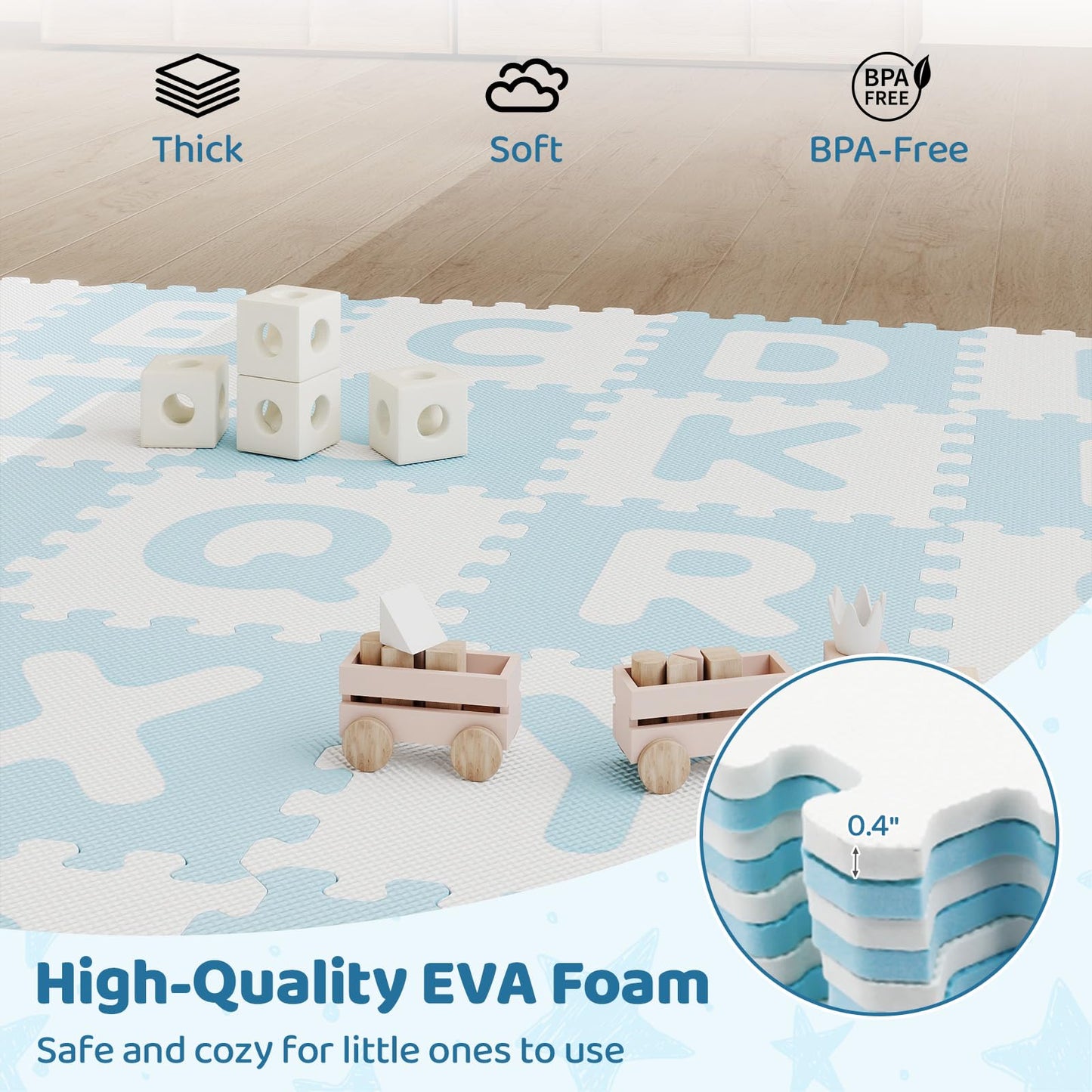 HONEY JOY Foam Floor Tiles for Kids, 12.5” x 12.5” EVA 26-Piece Interlocking Alphabet Puzzle Play Mat, Non-Slip Large Soft Carpet Rug, Easy to Clean, for Baby Crawling Exercise, Playroom (Blue)