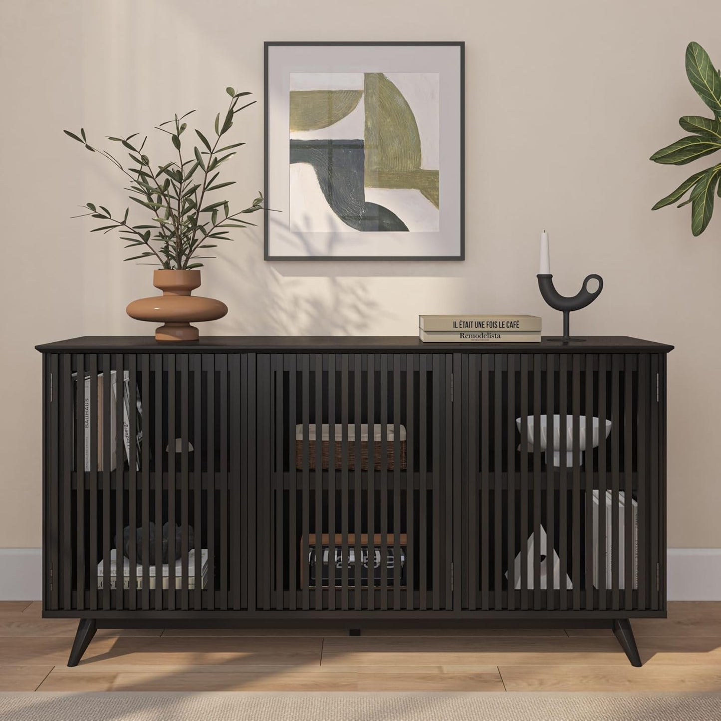 Plank+Beam Mid-Century Modern Wood TV Stand, Three Door Solid Wood Entertainment Console with Storage, 59" L x 16" W x 30" H, Black