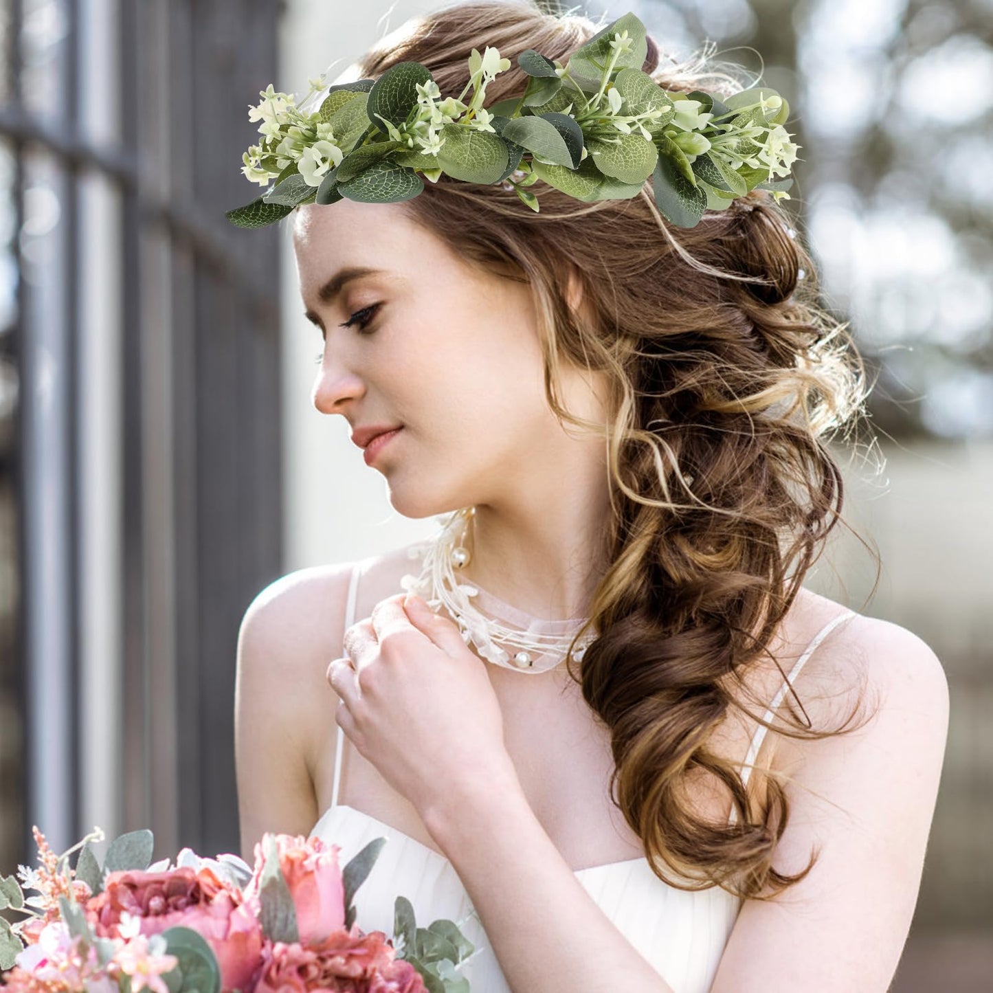 HEALLILY Faux Wreath Bridal Headdress Floral Tiara Wedding Headband Lightweight Simulated Plant Hair Accessory for Photos Beach Parties