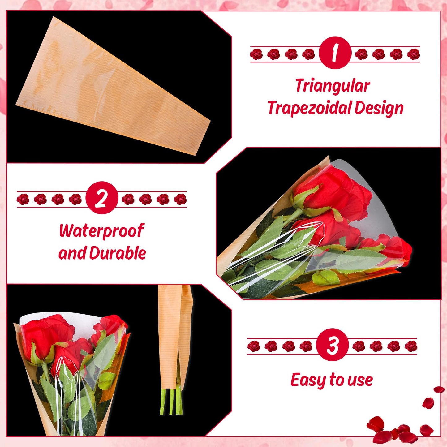 Whaline 50Pcs Flower Wrapping Bags Mother's Day Kraft Paper Floral Packing Sleeves Bouquet Bags Clear Flower Wrapping Sleeves for Graduation Wedding Birthday Valentine's Day Gift, 9.8x3.9x17.9 Inch