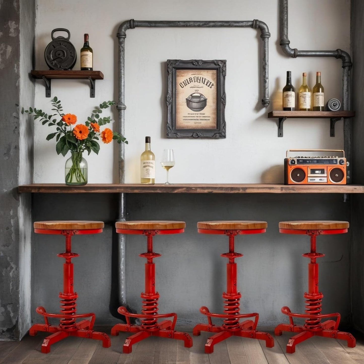 4-Piece American Antique Steampunk Bar Stool 24.41"-28.35" Vintage Industrial Adjustable Swivel Backless Counter Stool for Home, Dining, Breakfast, Pub, (Heavy Duty Metal & Wood, Aged Red, Brown Top)