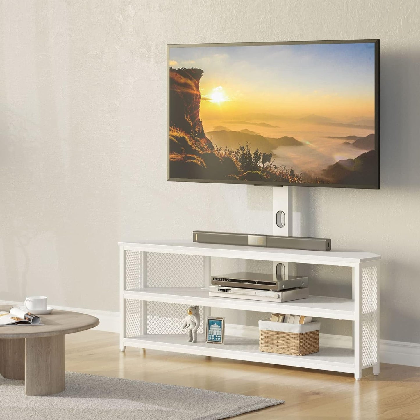 Rolanstar TV Stand with Mount and Power Outlet, Swivel TV Stand with LED Lights for 32/45/55/60/65/70 inch TVs, White Entertainment Center Media Console with Height Adjustable Mount