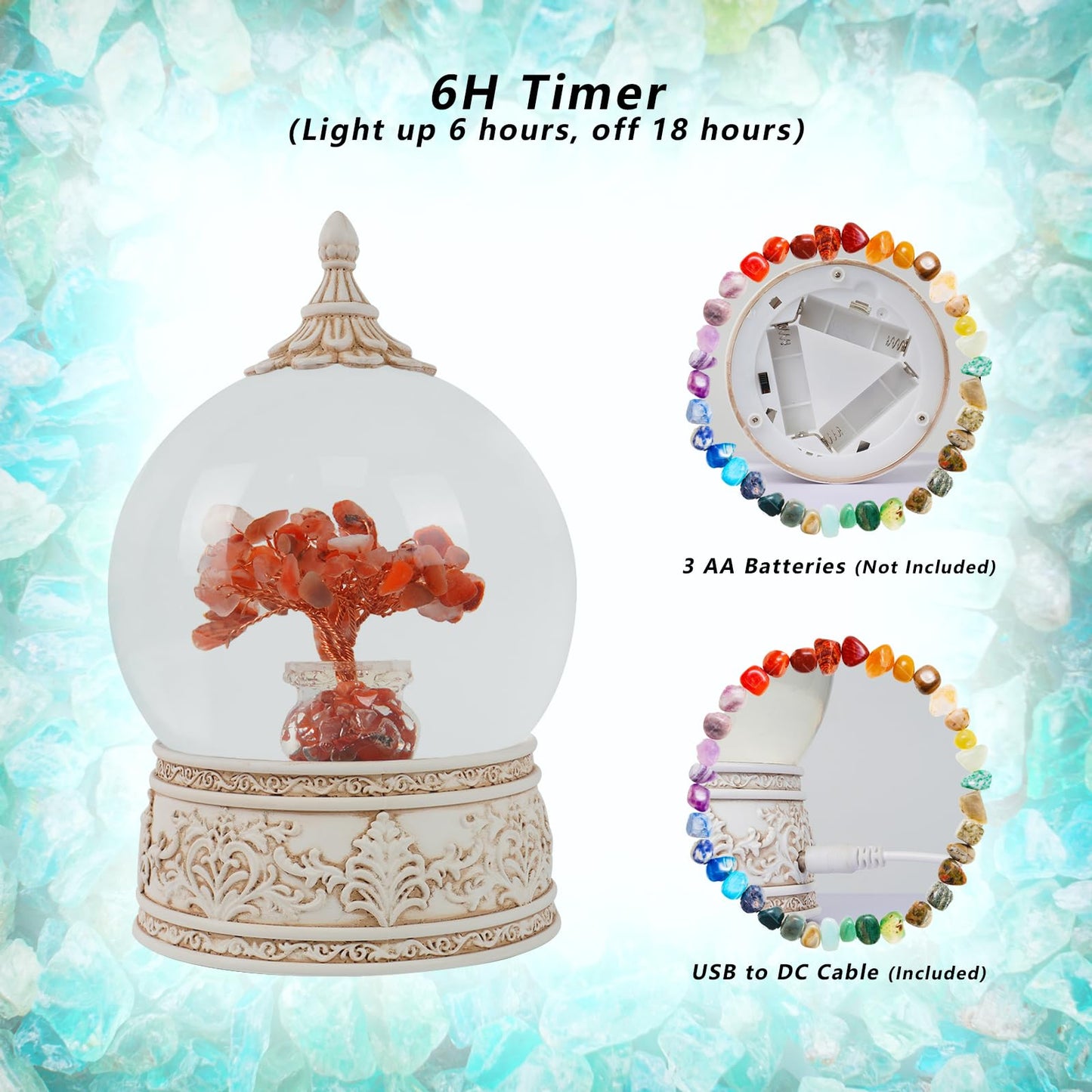 Red Agate Healing Crystal Tree Globe with Colorful Lights and Sparkling Glitter, Natural Gemstone Base, Spiritual Meditation, Positive Energy Good Luck, Home Decor, Birthday Gifts (Red Agate)