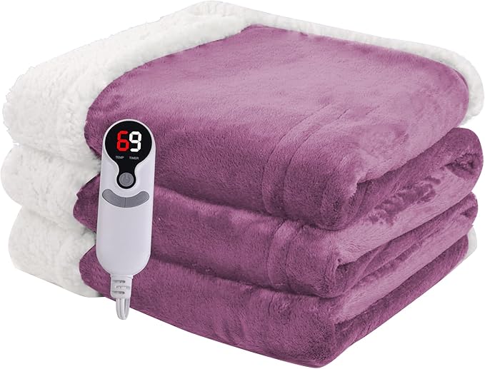 Heated Blanket Electric Blanket Full Size 72''x84'' with 9 Heating Levels, 1-10 Hour Auto Shut Off, Machine Washable, Flannel & Sherpa Soft Warming Blanket for Couch, Bed, Office - Purple