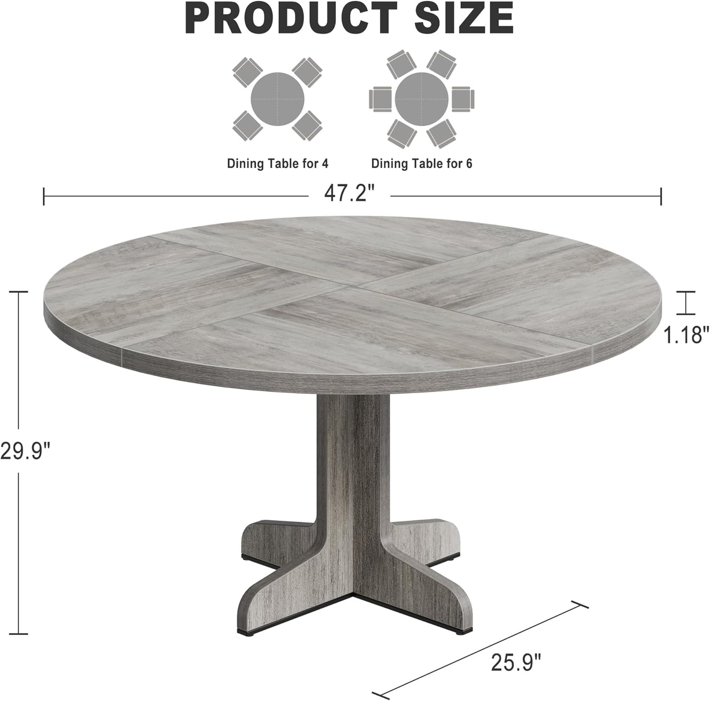 Garvee 47 Inch Round Dining Table for 4, Farmhouse Kitchen Dining Room Circle Dinner Table, Kitchen Dining Room Furniture, Grey (Table Only)