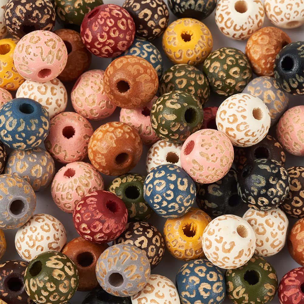KISSITTY 100pcs/box Painted Wooden Beads for Crafts Natural Wood Beads Leopard Print Beads 10 Colors for DIY Bracelet Necklace Earrings Jewelry Making About 10mm in Diameter