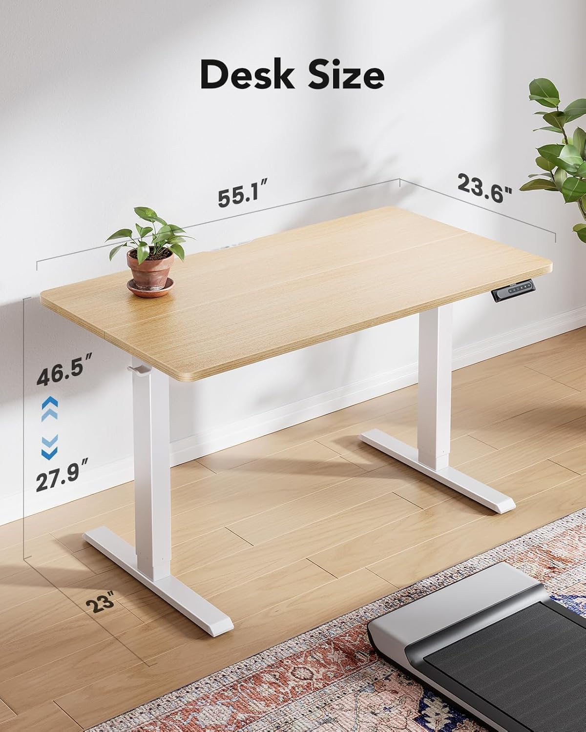 HUANUO 55" x 24" Electric Standing Desk Adjustable Height, 4 Memory Height Settings, Headphone Hook, Cable Manager, Sit Stand Up Desk for Home Office & Computer Workstation, Natural