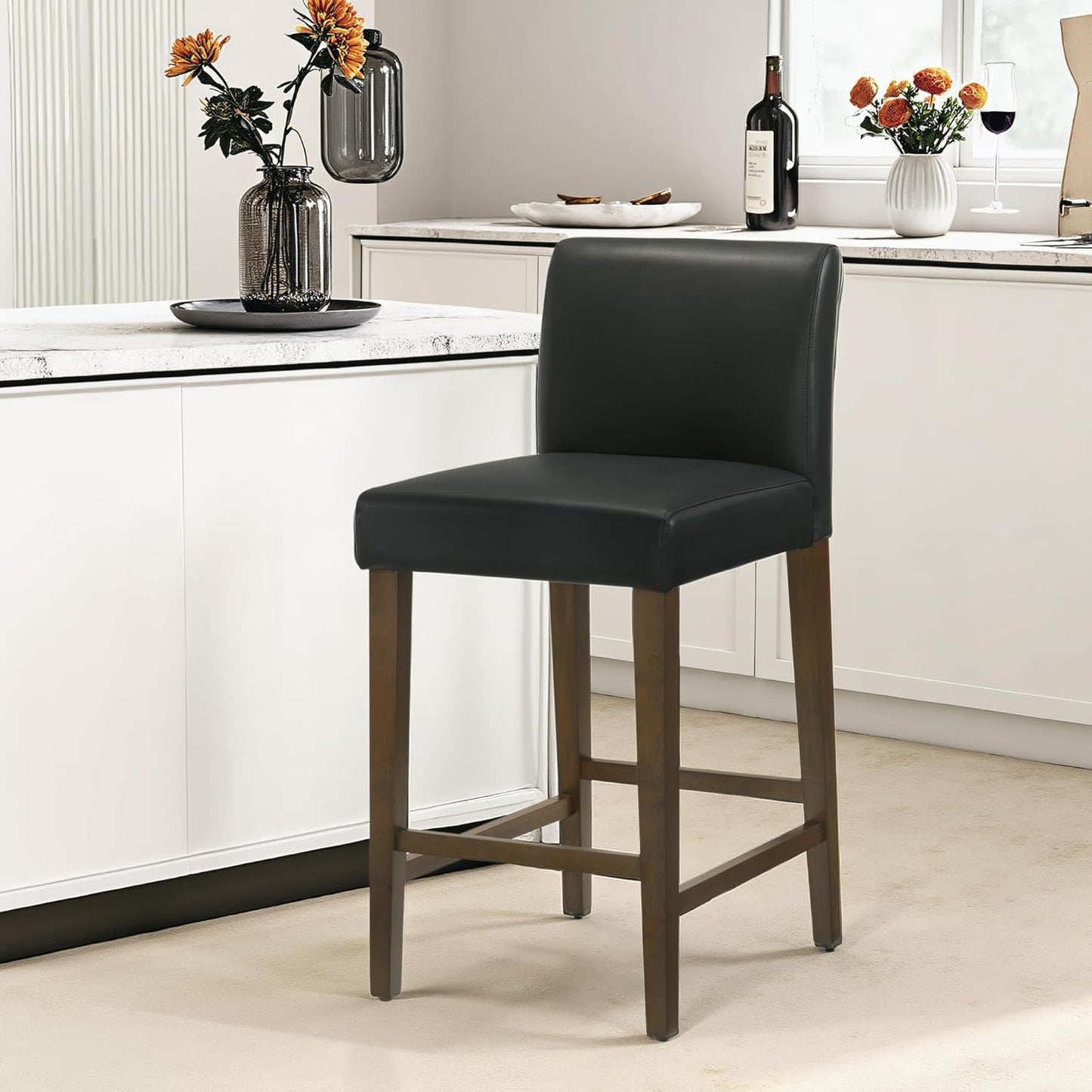 CHITA Counter Height Bar Stools Set of 3, 27" H Seat Height Upholstered Barstools, PU Leather in Black