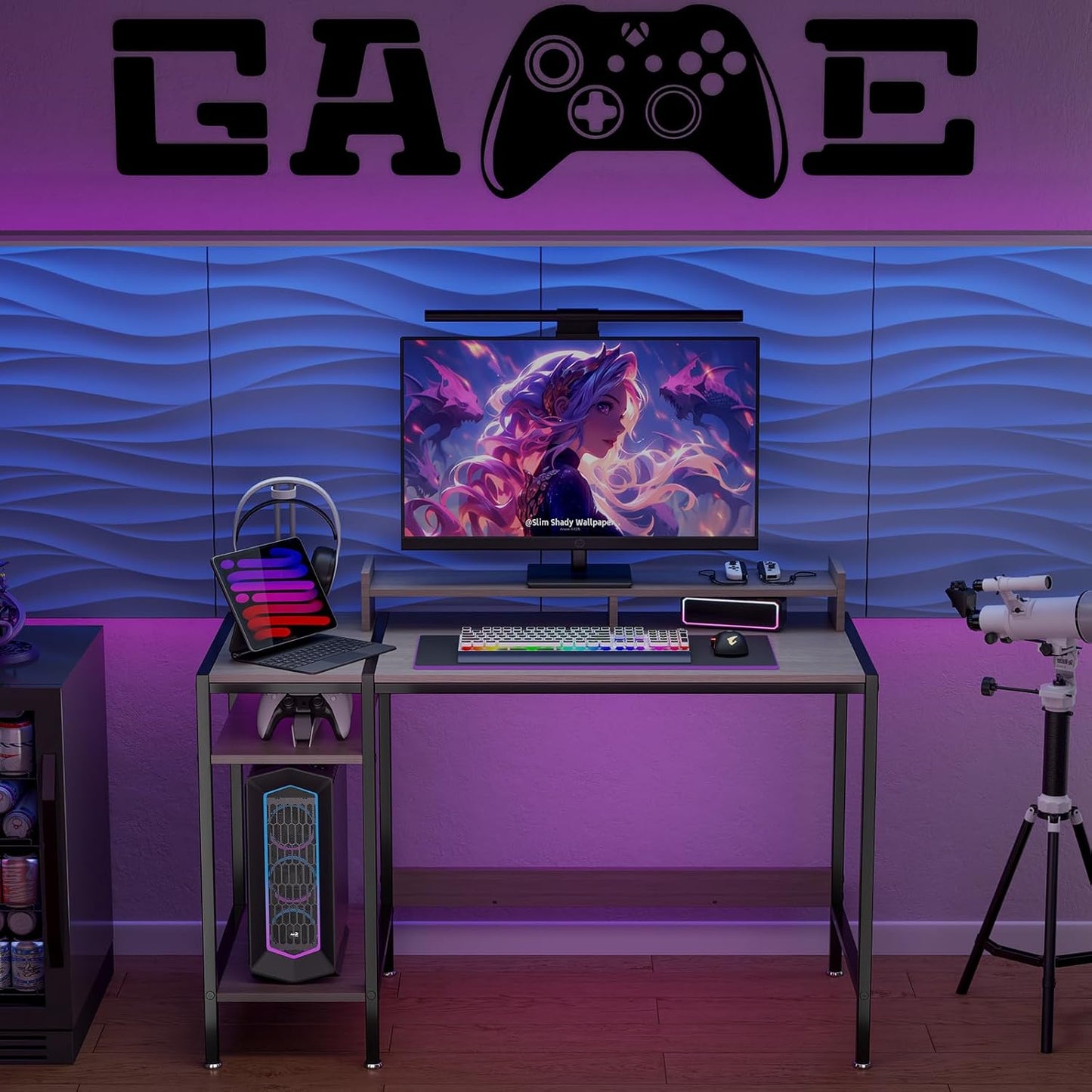 Computer Desk Gaming Desk with Monitor Stand, Home Office Desk Suitable for 2 Monitors, Writing Desk with Adjustable Storage Space,Sturdy and Durable Modern Small Desk (Grey, 47 inchs)