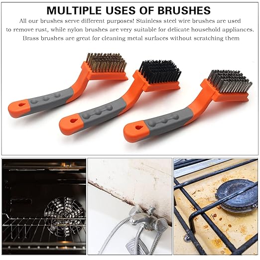 MAXMAN Wire Brush 3Pcs Brass/Stainless Steel/Nylon Wire Brushes for Cleaning Rust Bristle Brush Set with Rubber Curved Handle Grip Used for Dirt, Paint Remover (Orange+ Gray)