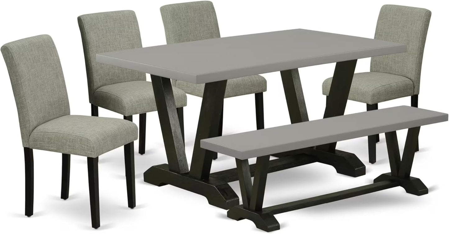 East West Furniture V696AB106-6 6 Piece Modern Dining Table Set Contains a Rectangle Wooden Table with V-Legs and 4 Shitake Linen Fabric Parson Chairs with a Bench, 36x60 Inch, Multi-Color