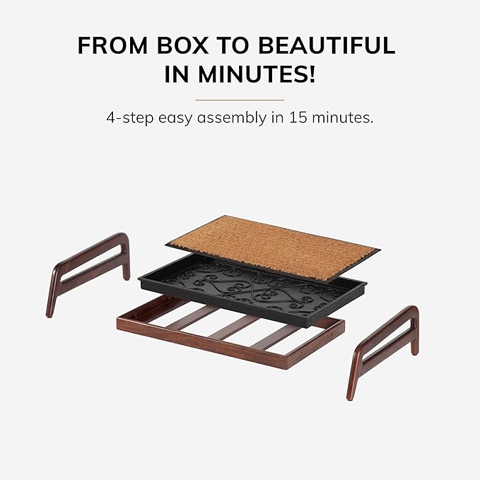 Anji Mountain Heavy Duty Waterproof Wooden Shoe Storage Mat Organizer/Boot Storage Tray Multi Use for Entryway with Coir, Tan and Black Trellis Insert, 1 Tier, Fits 2 Pair (26.5" Wide)