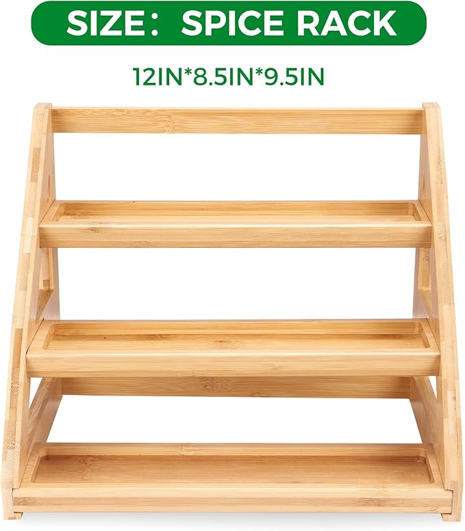 Spice Rack - 3-Tier Bamboo Spice Racks，Spice Rack Solves Cluttered Spices in Kitchens, Cabinets, Pantries, and More