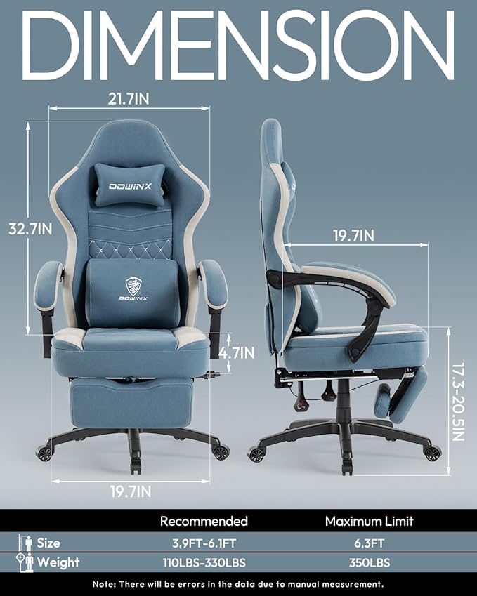 Dowinx Gaming Chair with Footrest, Breathable Fabric Gamer Chair with Gel Pad and Storage Bag, Ergonomic Office Chair with Lumbar Support for Home Task, Blue