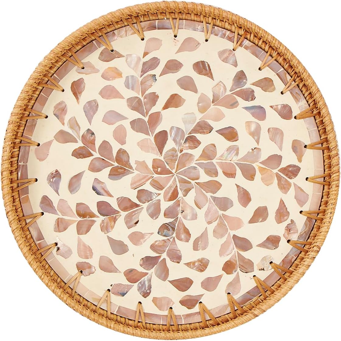 Round Rattan Tray with Mother of Pearl Inlay, Rattan Serving Tray with Wooden Base, Decorative Wicker Basket for Table Decor, Storage and Display of Coffee Bread Food Fruit (Wicker)