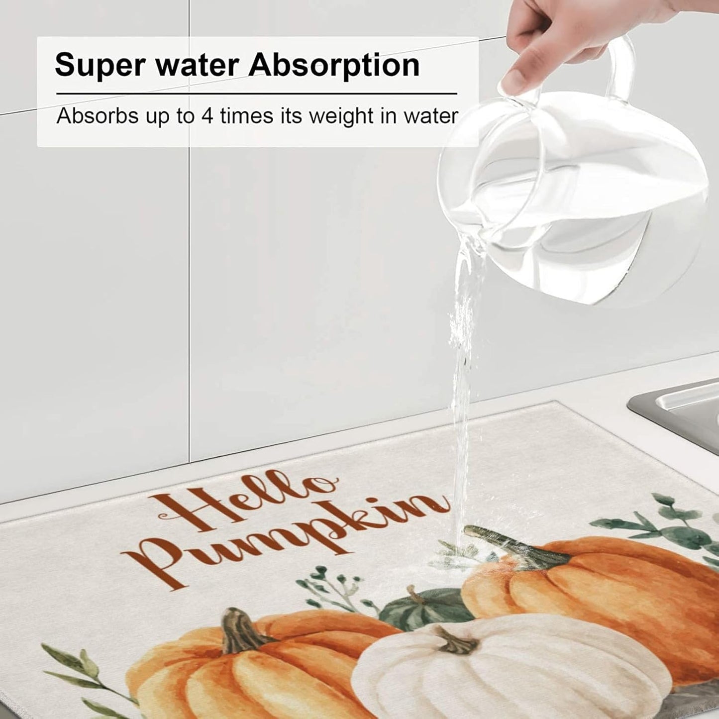 Dish Drying Mat Pumpkin Watercolor Fall Thanksgiving for Kitchen Counter Absorbent 18x24 Inch Microfiber Dishes Plate Glass Dry Draining Pad Reversible Washable