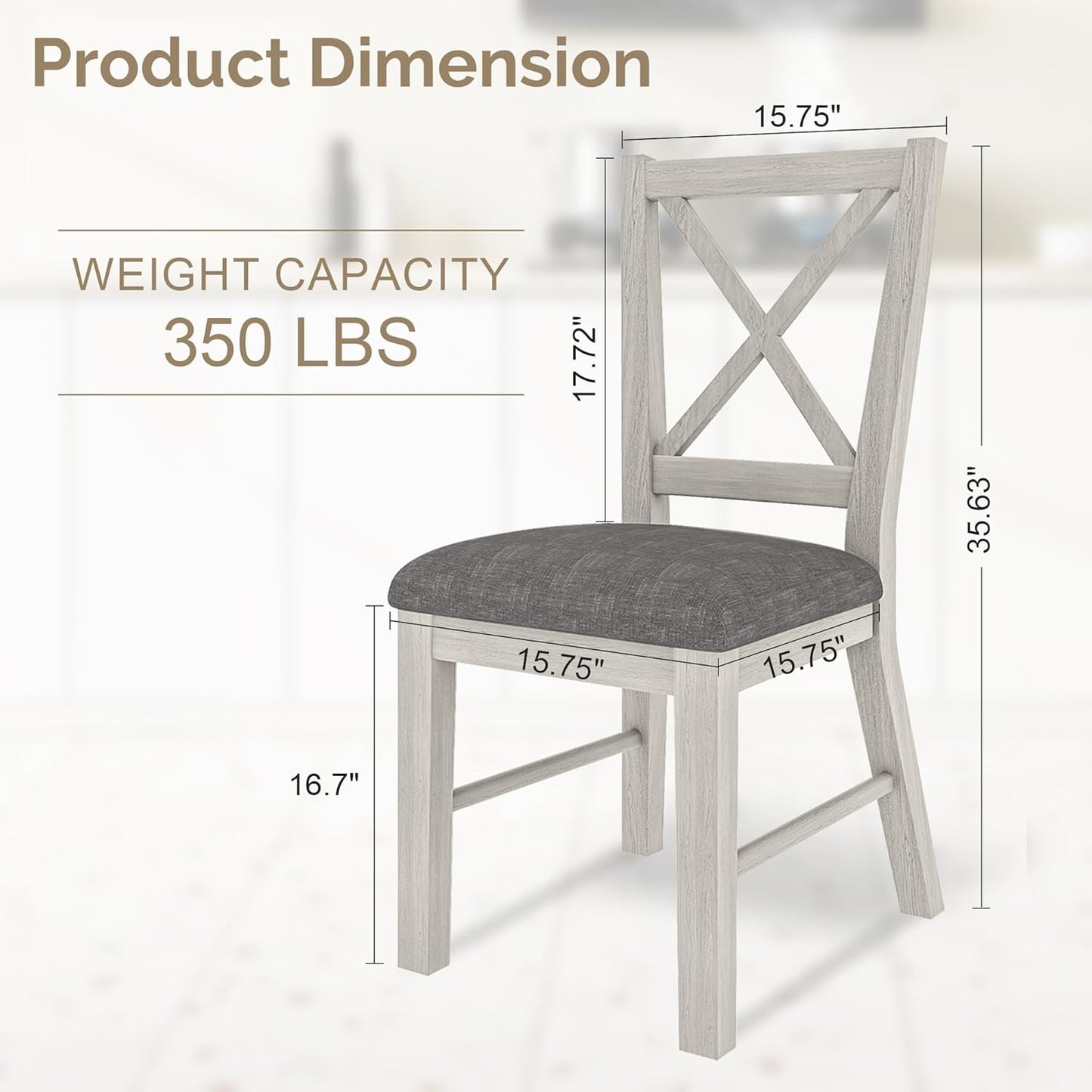 Solid Wood Dining Chairs Set of 4, Farmhouse Chairs with High Cross Back and Upholstered Seat, Easy Assembly for Dining Room, Kitchen, Washed Gray