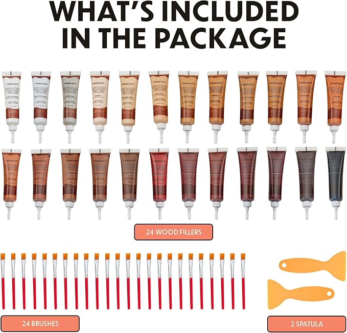 Furniture Repair Kit 50PC - Brushes, Markers, Scraper, Resin Wood Filler, Fillers with Wood Putty, Any Color Wood Combination, Scratch & Molding Repair, Restore Laminate Vinyl Veneer Flooring