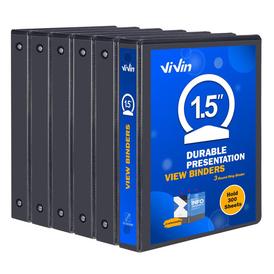 3 Ring Binder 1-1/2 Inch, ViVin Sturdy 1.5"-Round Ring Binder with 2 Interior Pockets, Clear View Cover, PVC-Free, Fits 300 Sheets of 8.5'' x 11'' Paper, Office Home School (6 Pack, Black)