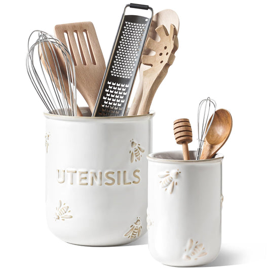 LE TAUCI Utensil Holder for Kitchen Counter - 6.9"+5.3" Ceramic Kitchen Utensil Holder Set of 2, Large Cooking Utensil Crock & Organizer for Spatula, Spoon - Embossed Kitchen Decor, White,Bee