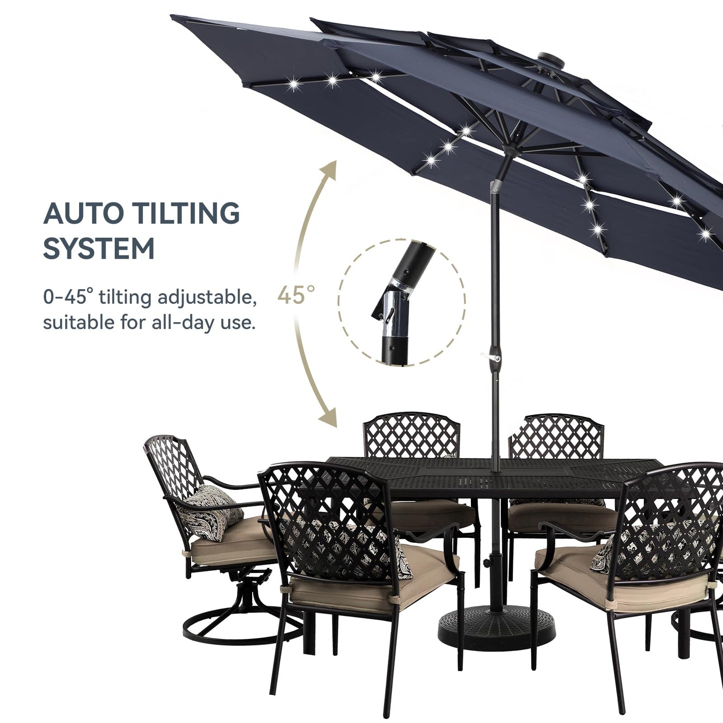 GREEN PARTY 10ft Patio Umbrella with Solar Lights, Auto-Tilt Lighted Market Table Umbrellas with Crank, 8 Sturdy Ribs & 1.5" Pole outdoor umbrellas for Patio Garden Deck Backyard Pool, Navy Blue