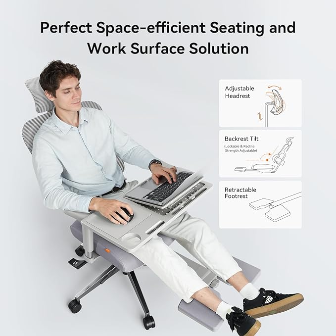 Newtral Office Chair Ergonomic - Home Office Desk Chair, Back Pain Chair with Auto-Following Lumbar Support, 4D Armrest, Seat Depth and Height Adjustable (Foot Rest + Laptop Tray, Gray)