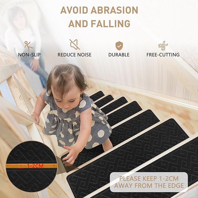 Stair Treads for Wooden Steps, 8" X 30" Non Slip Stair Runner Carpet Indoor with Reusable Adhesive Backing, Soft Tread Mat for Stairs, Ideal for Home, Polyester TPR Backing Stair Rugs-Black 15 Pack