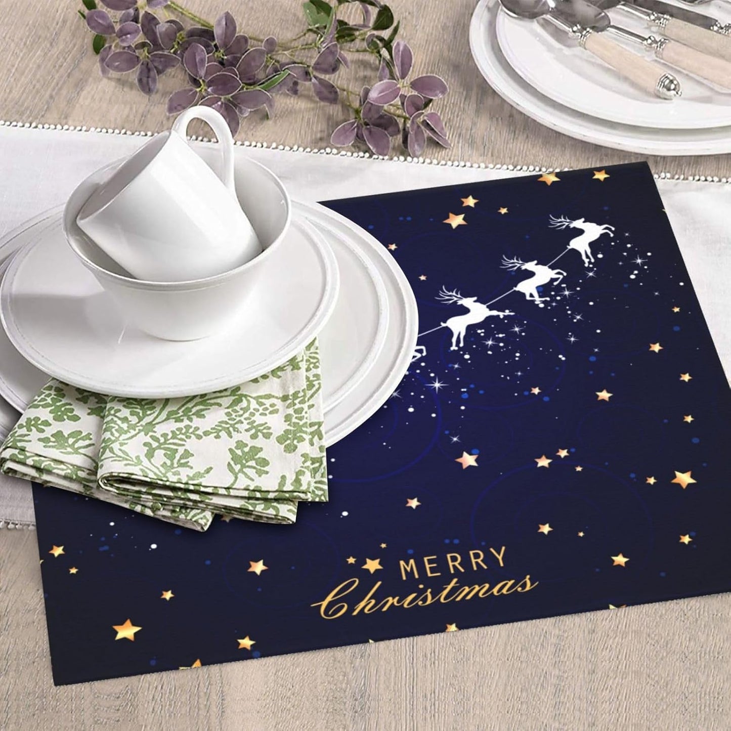 Dish Drying Mat Navy Blue Christmas Deer Star Santa for Kitchen Counter Absorbent 16x18 Inch Microfiber Dishes Plate Glass Dry Draining Pad Reversible Washable