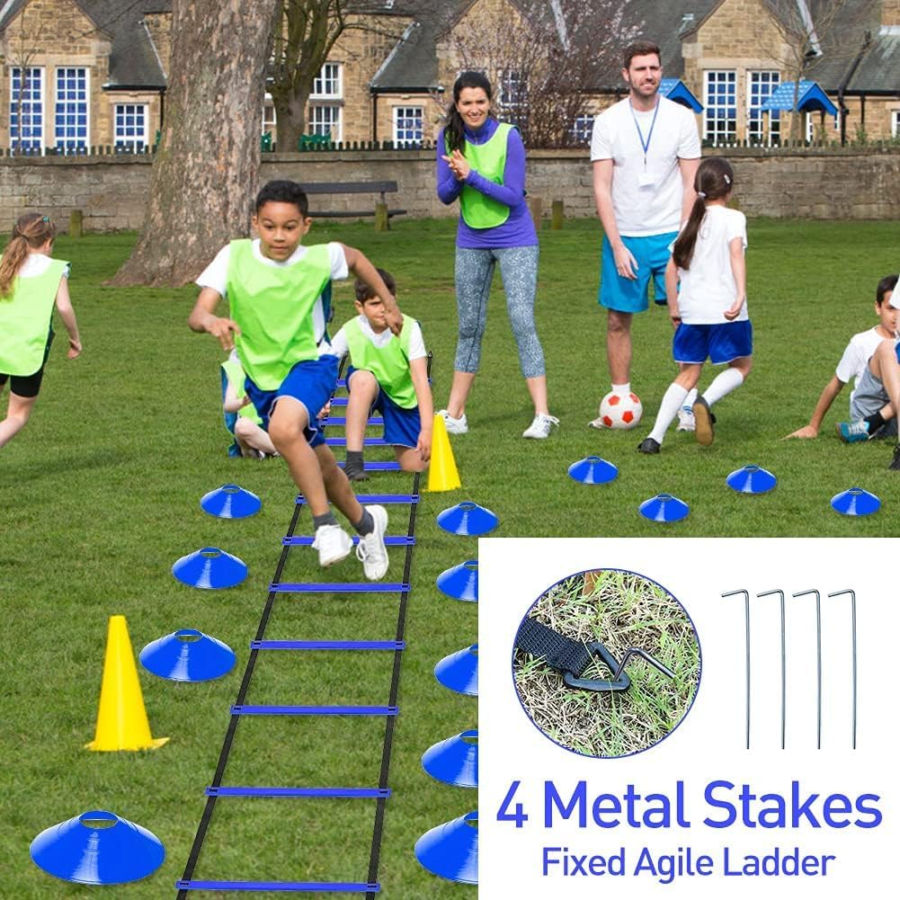 Pro Speed & Agility Training Set—Includes 12 Rung 20ft Adjustable Agility Ladder with Carrying Bag, 12 Disc Cones, 4 Steel Stakes, 1 Resistance Parachute, Use Equipment to Improve Footwork Any Sport