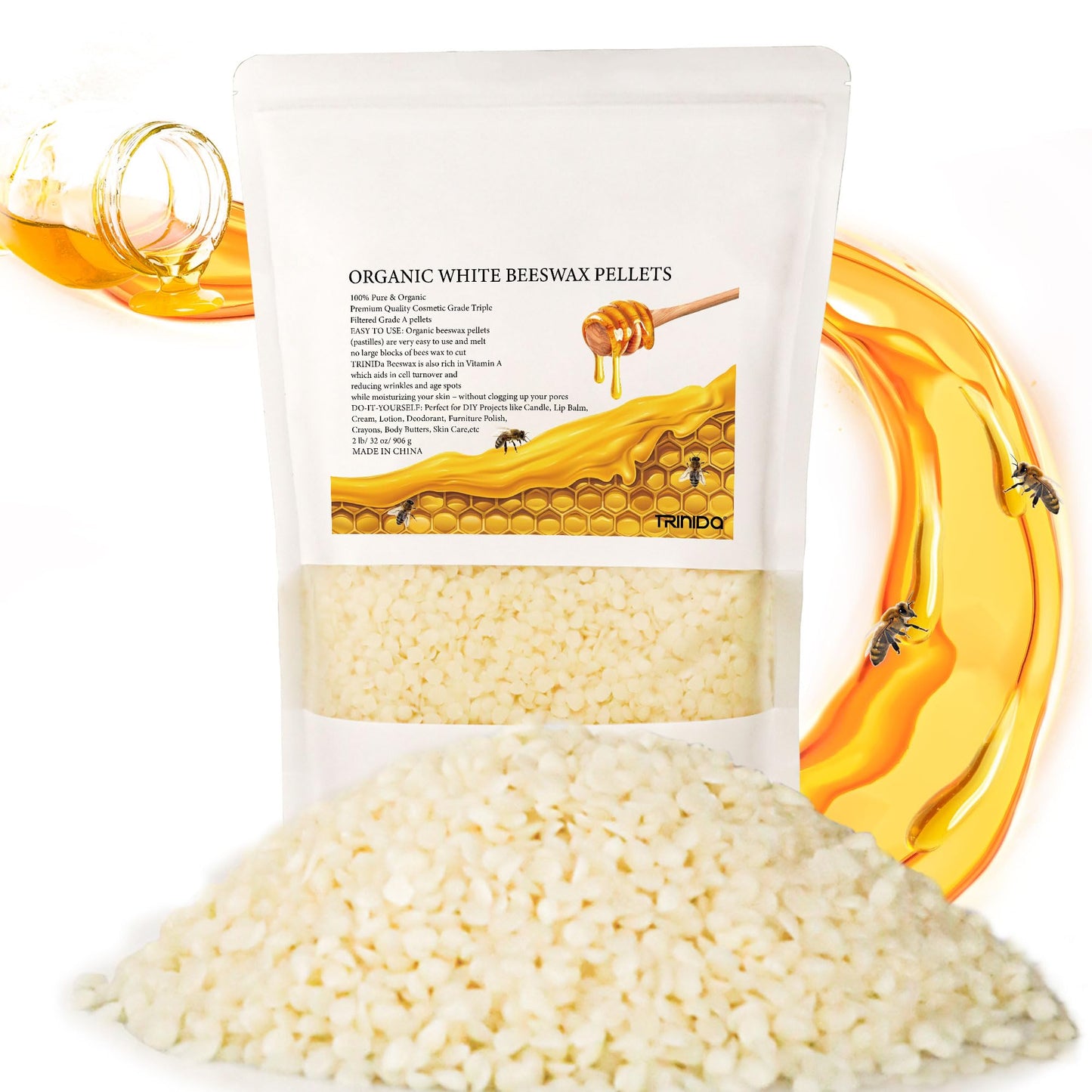 TRINIDa Beeswax Pellets 2LB(32 oz), Organic White Bees Wax for DIY Candles, Beeswax for Candle Making, Skin, Body, Face, and Hair Care, Lotions, DIY Creams, Lip Balm and Soap Making Supplies