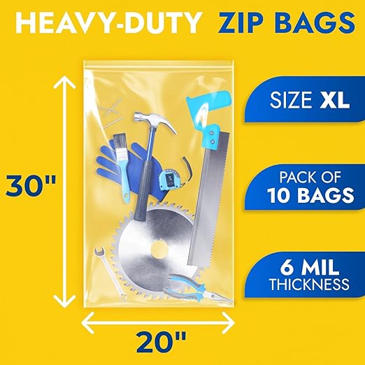 20" x 30" Extra Large Zip Seal Lock Bags, 6 Mil (Pack of 10) – Heavy-Duty Reclosable Plastic Bags – Clear, Resealable, Waterproof – For Storing and Organizing Clothes, Jewelry, and Travel