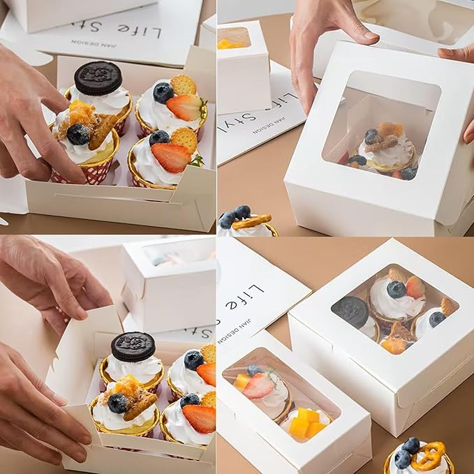 Cupcake Boxes 6 Count, Disposable Cupcake Containers, Food Grade Carrier with Window and Inserts for Cupcakes Muffins Cookies Pastries Donuts (White, 30 Pack)