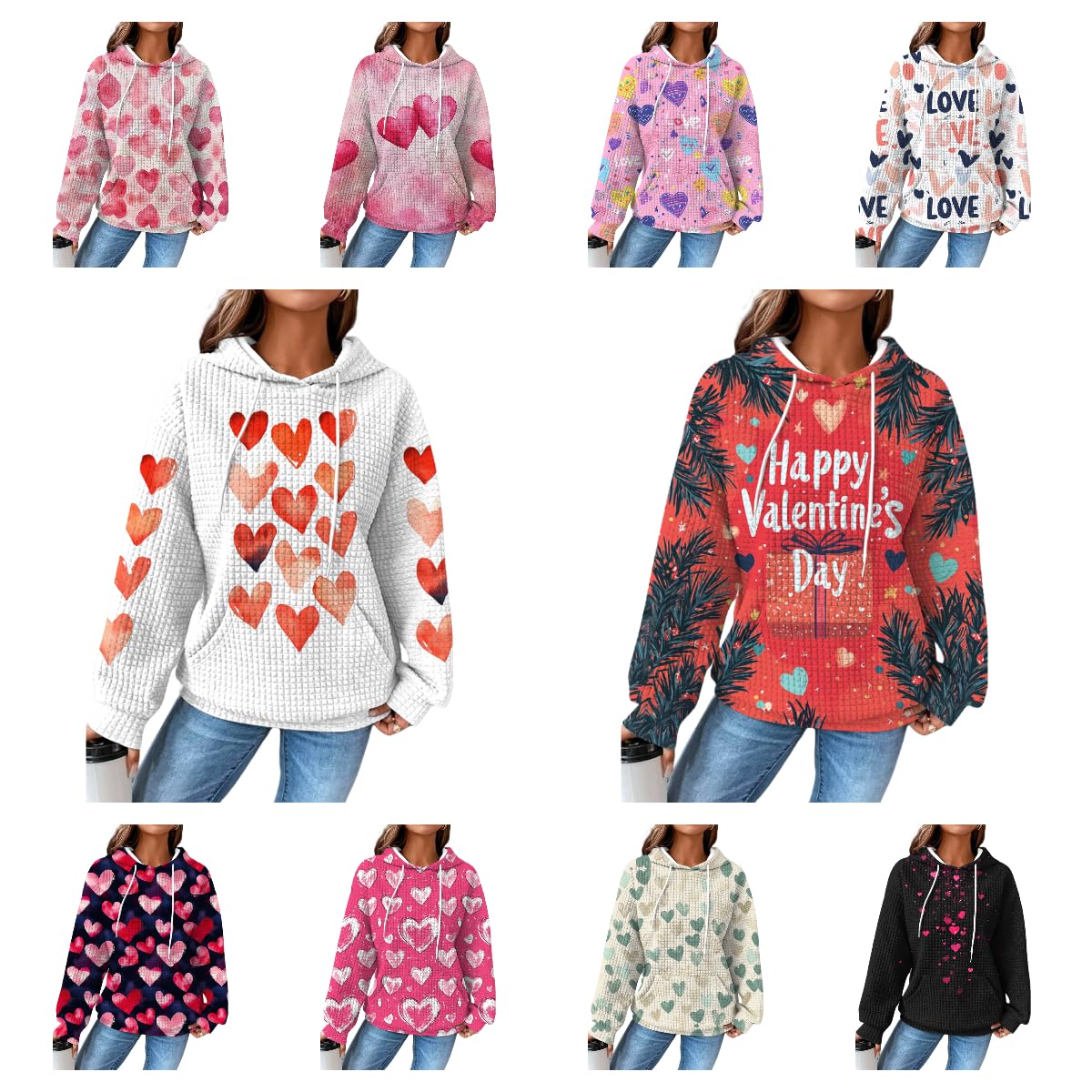 domirica Valentines Day Oversized Hoodie For Women Heart Print Pullover Waffle Long Sleeve Cute Graphic Hooded Sweatshirts Comfy 2025 Spring Fashion Trendy Casual Blouses Wiht Pockets,M