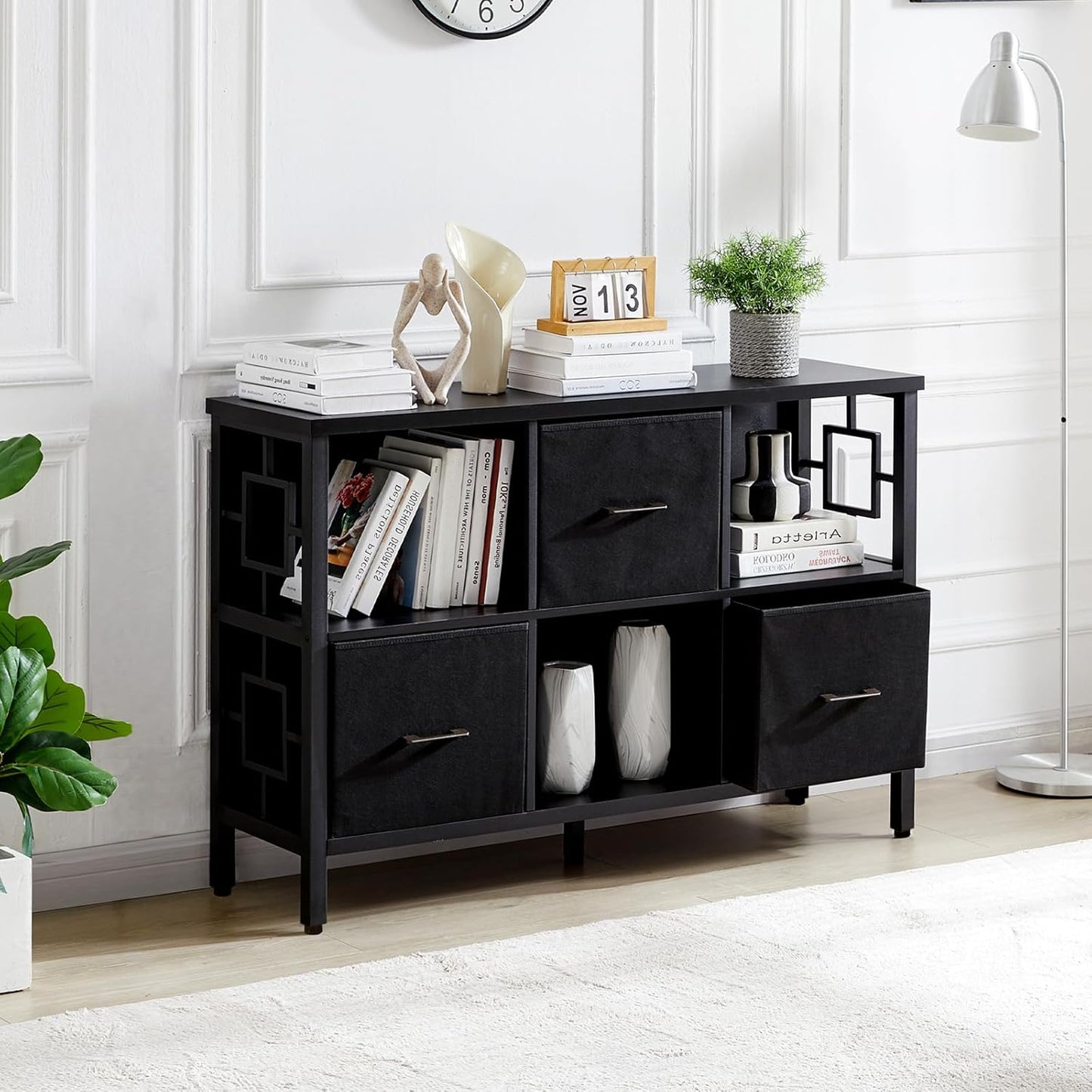 HOMISSUE 6 Cube Storage Organizer Shelf, Rustic Short Bookshelf with 3 Storage Bins, Industrial Horizontal Bookshelf with Metal Frame, Low and Wide Cube Bookcase for Living Room and Office, Black