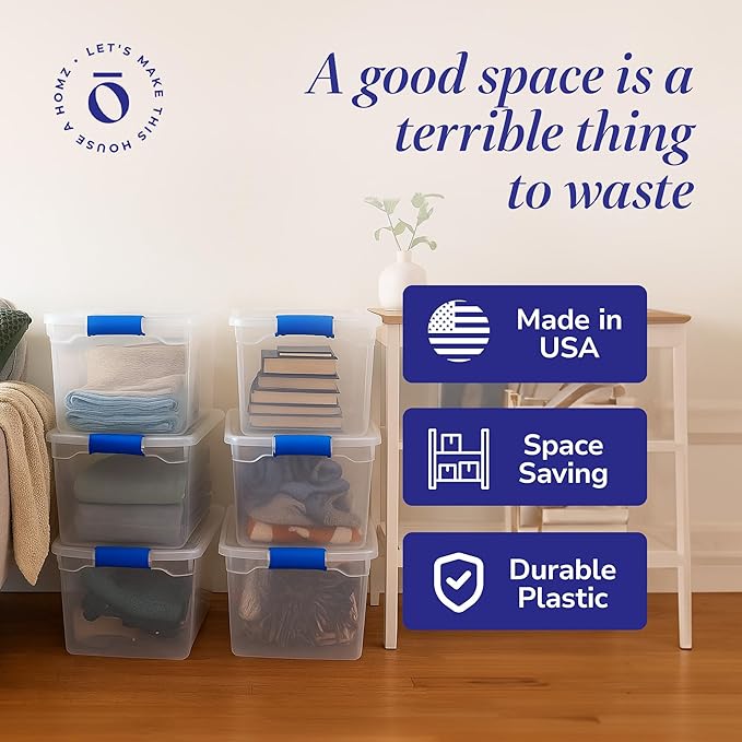 HOMZ 8-Pack Secure Latch, Clear Plastic Storage Organizer Bins, 31 Quart, Blue Latches - Stackable Container Boxes for Bedroom, Bathroom, Garage, and Office Organization