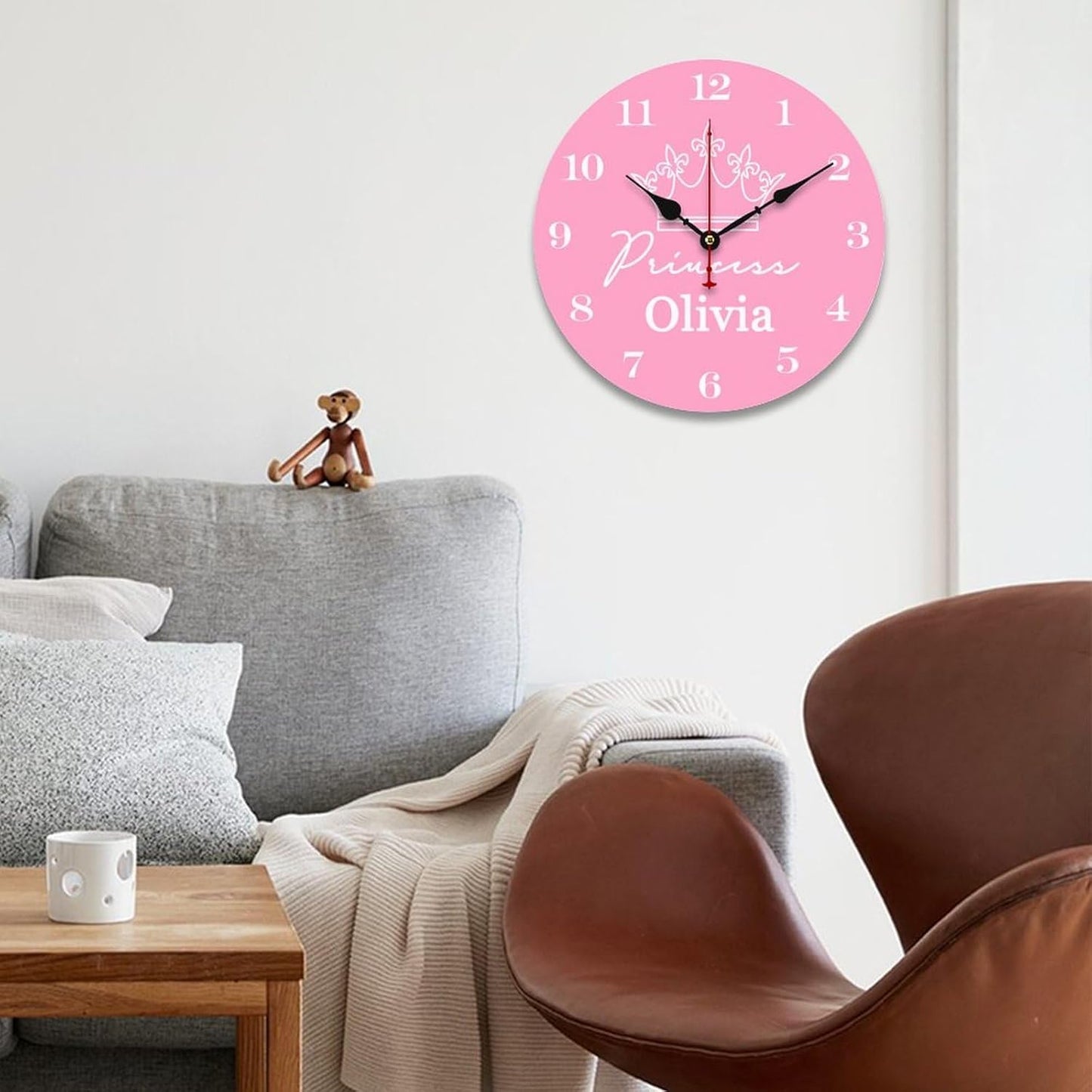 12 inch Pink Crown Personalized Girls Name Wall Clocks Battery Operated for Kids Bedrooms Nursery School Playroom Decor,Custom Kids Name Wall Clock,Girls Room Decor Wood Round Clock Silent