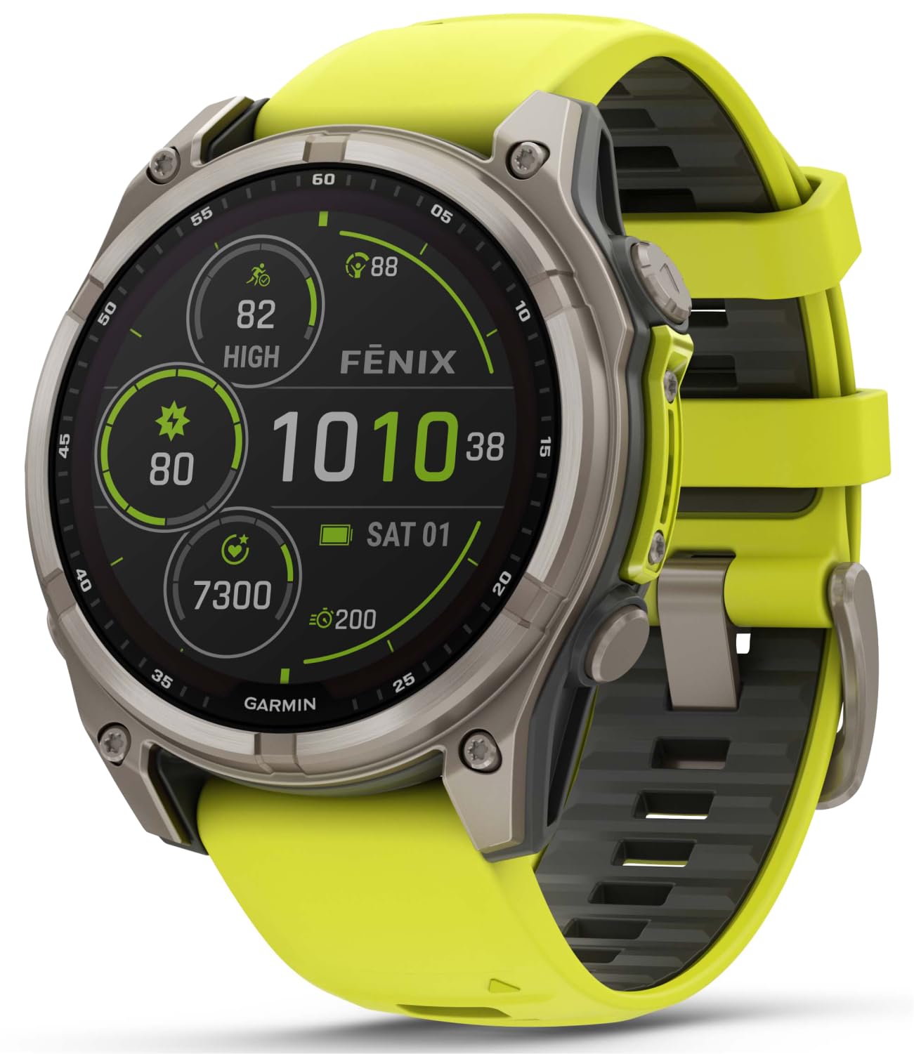 Wearable4U Garmin Fenix 8 - 47 Mm Multisport Gps Smartwatch, Solar, Sapphire, Titanium With Amp Yellow/Graphite Silicone, Built-