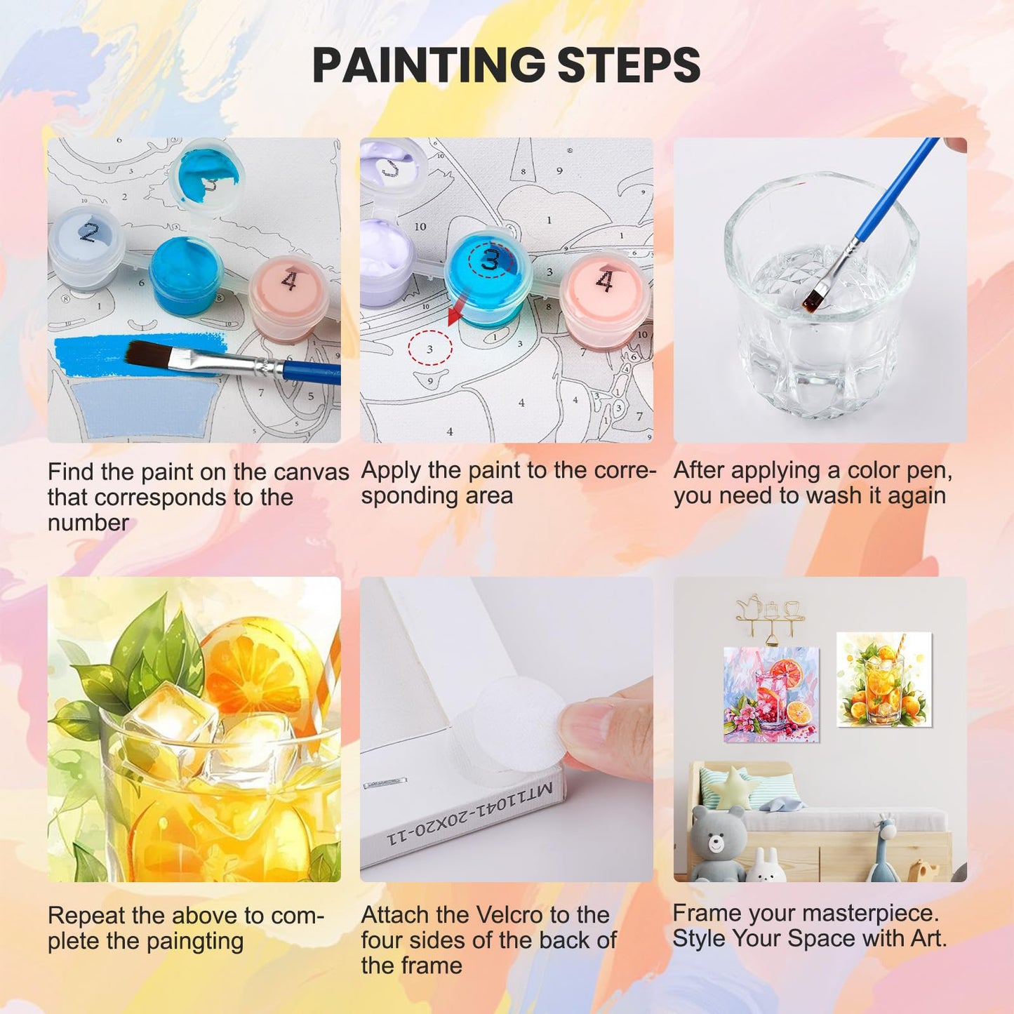 HEIBAGO 4 Pack Framed Paint by Numbers Kit for Adults Beginner, Adult Paint by Number Kits Cocktail, DIY Paint by Numbers for Adults,Small Easy Acrylic Oil Painting for Wall Decor 8 x 8 Inch