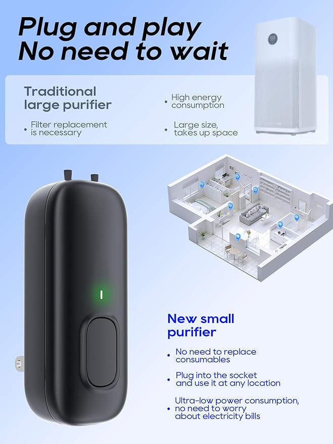 Plug In Negative Ion Air Purifiers Quiet Air Freshener for Bedroom Office Basement - Portable Mini Air Cleaner Odor, Dust, Pet Smell (black)