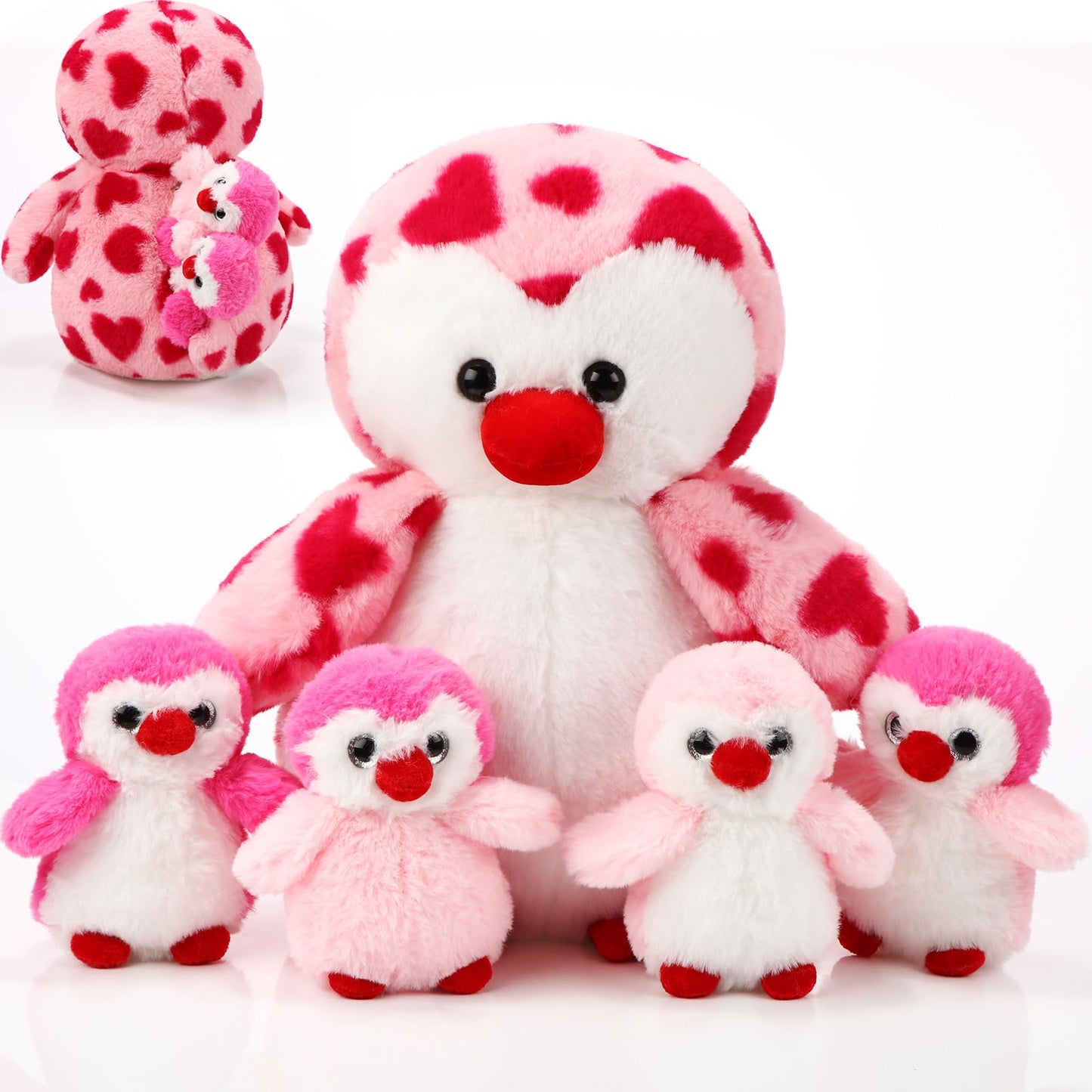 Harrycle 5 Pcs Penguin Plush Toy Set 14 Inch Mommy Penguin Stuffed Animal with 4 Cute Babies in Zippered Belly Soft Cuddly Plushie for Kids Birthday Gifts Party Favors(Heart Style)
