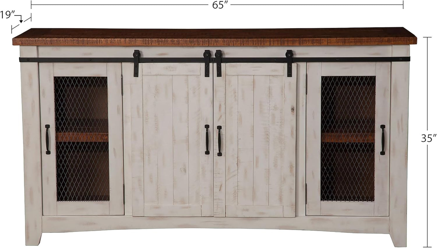 Martin Svensson Home Rustic 65” Solid Wood TV Stand with Storage, White and Aged Distressed Pine