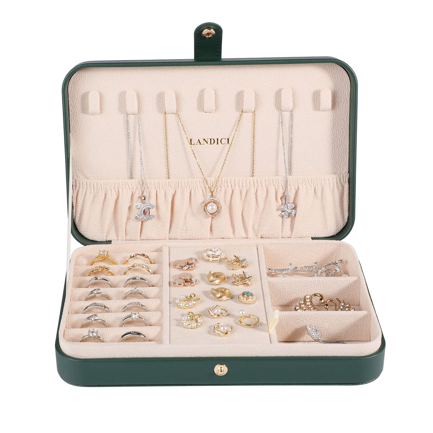LANDICI Small Jewelry Box for Women Girls, PU Leather Travel Jewelry Organizer Case, Jewellery Storage Holder Display for Ring Earrings Necklace Bracelet Bangle Watch Men Kids Gift, Blackish Green