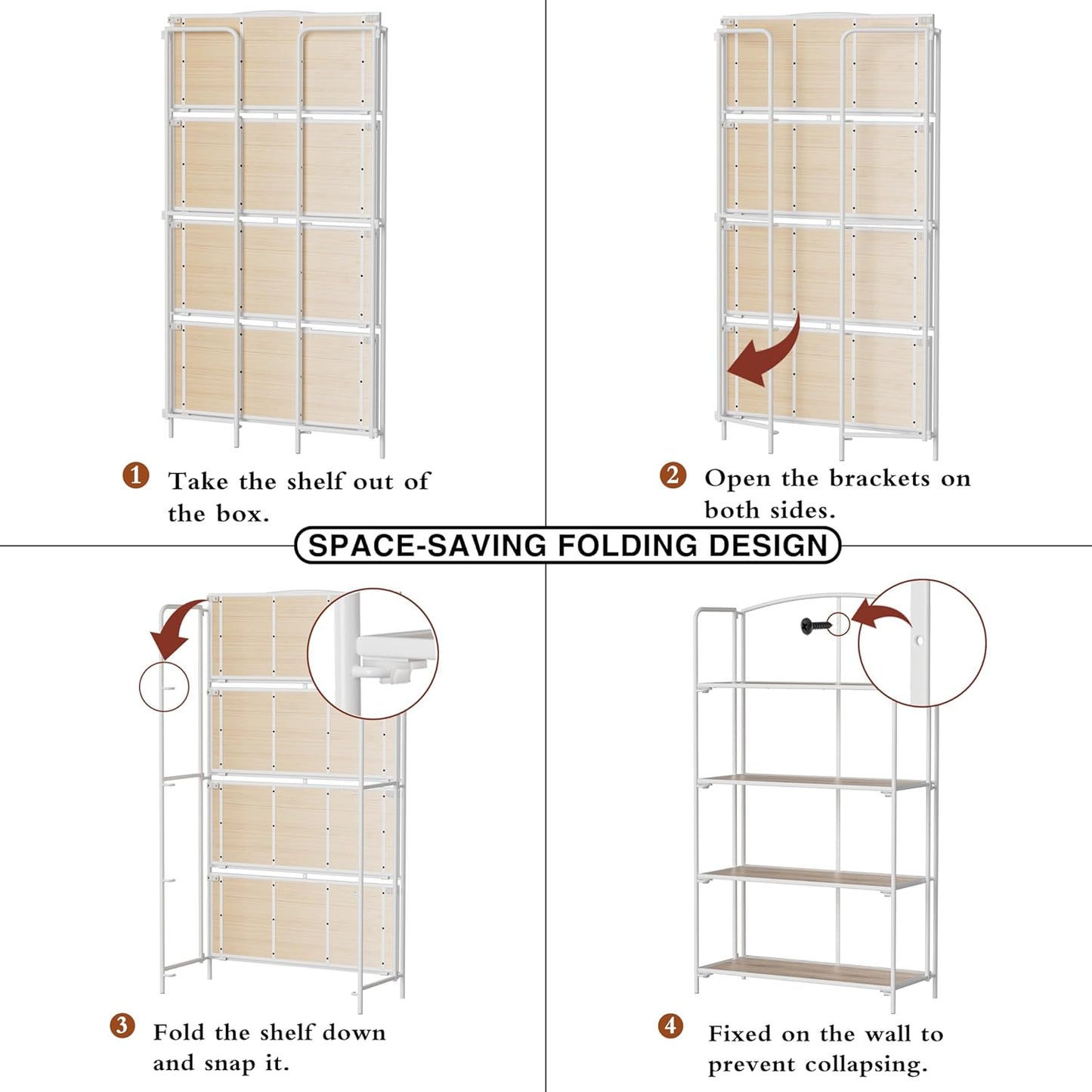 Crofy No Assembly Folding Bookshelf for Living Room, 4 Tier White Collapsible Book Shelf for Home Office, Portable Bookcase Storage Organizer