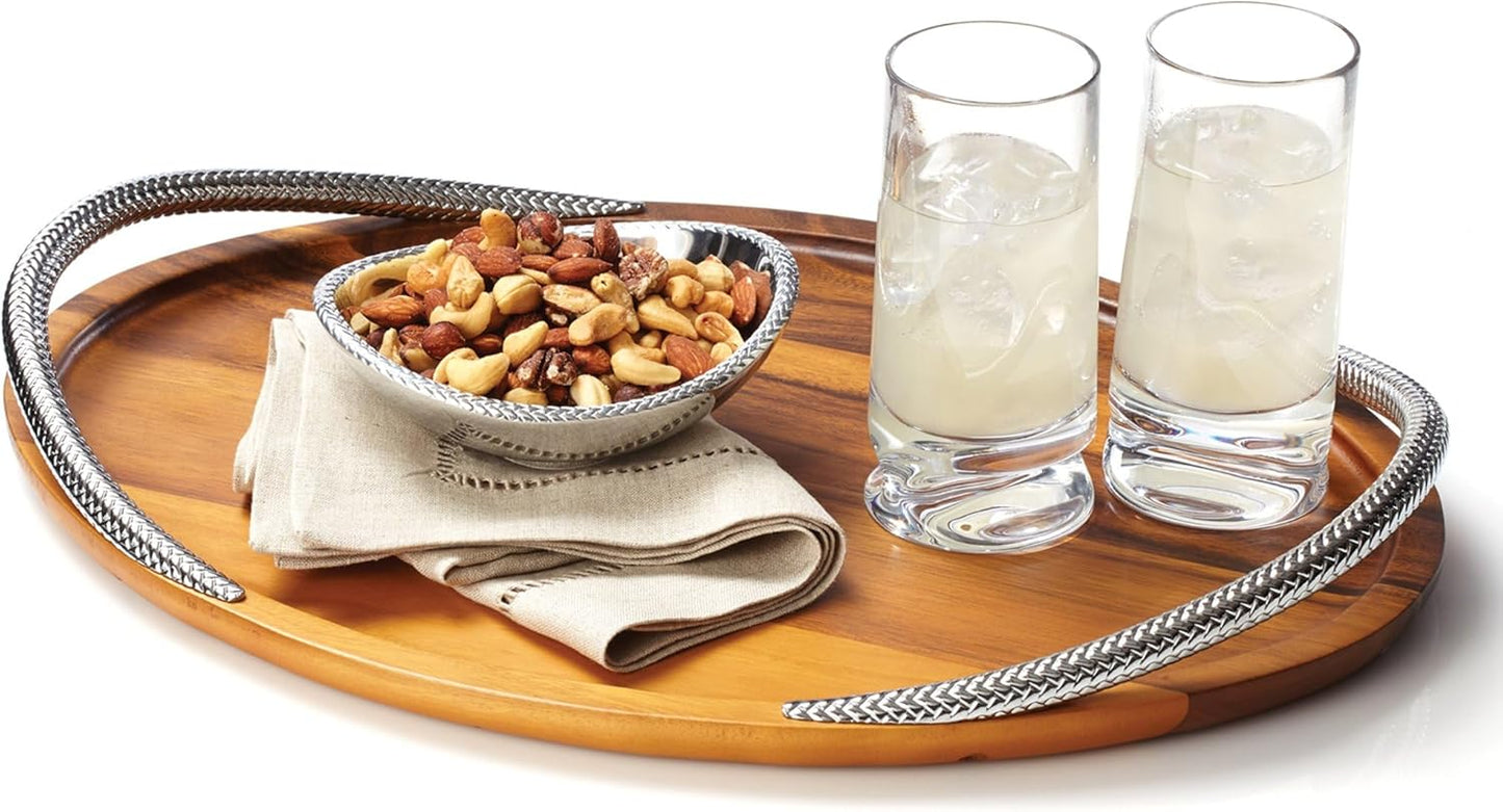Nambe Braid 19-Inch Serving Platter - Modern Scandinavian Wood Tray with Braided Chrome Handles, Elegant Entertaining & Dining Piece for Charcuterie, Appetizers & Cocktails