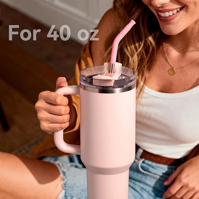 2 PCS 40oz Metal Straws for Stanley 40oz Tumbler, Extra Long Straws with Silicone Tips Anti-Clank Bottom, Fits 64oz Jugs & Large Cups