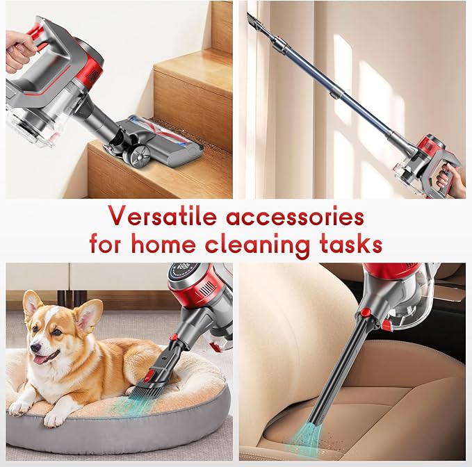 Cordless Stick Vacuum Cleaner - Rechargeable, 35Kpa Powerful Vacuums with Detachable Battery, LED Display, 45Mins Runtime, 8 in 1 Handheld Vacuum for Hardfloor & Carpets Pet Hair, Red