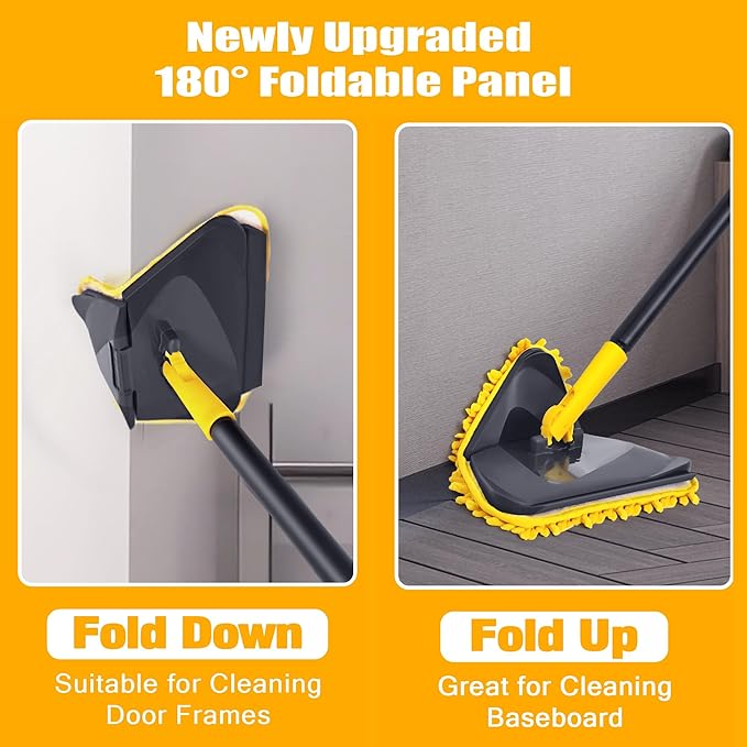 Newly Upgraded Wall Mop with 82 Inches Long Handle, 180° Folding Baseboard Cleaner Tool Duster Buddy with Window Squeegee, 6 Replacement Pads for Cleaning Painted Wall, Ceiling, Wash Floor