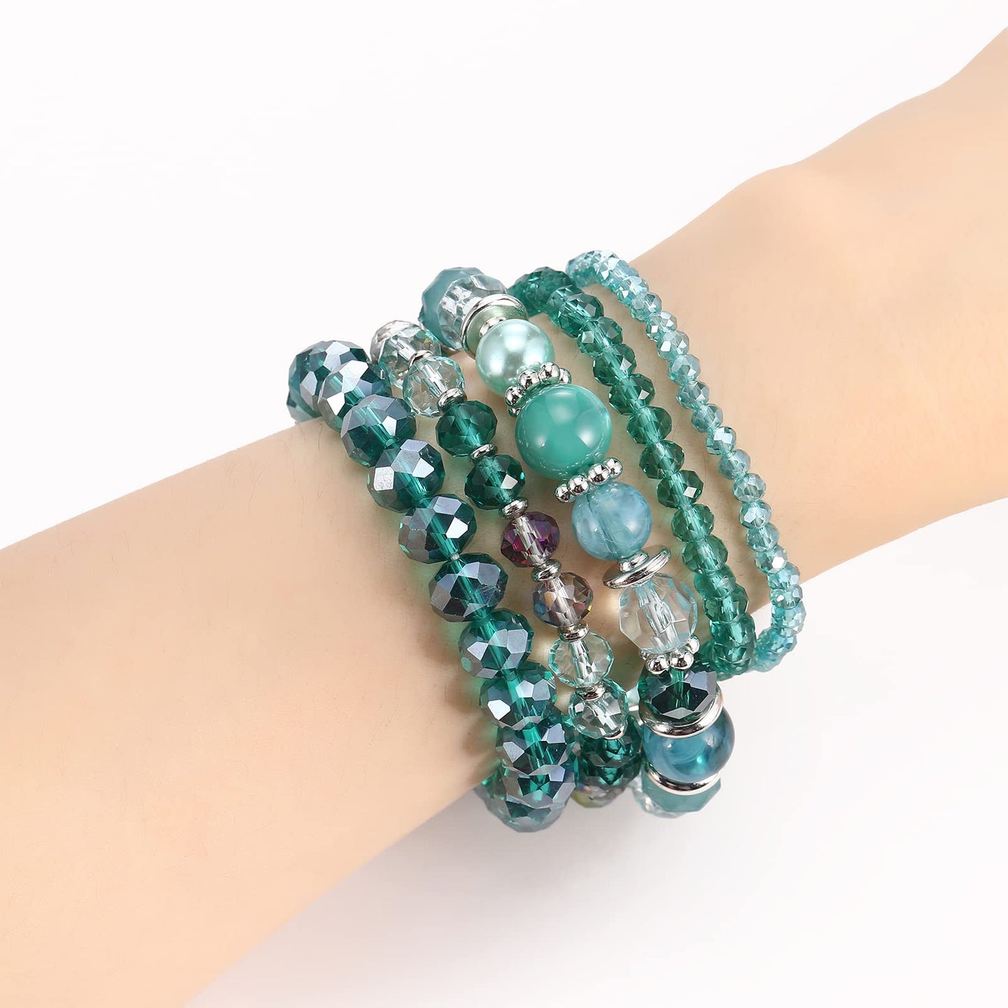 Noessla Beaded Boho Stretch Bracelet Colorful Stackable Crystal Beads Bracelets Trendy Costume Jewelry Mothers Day Gifts for Women(21-Sea green)